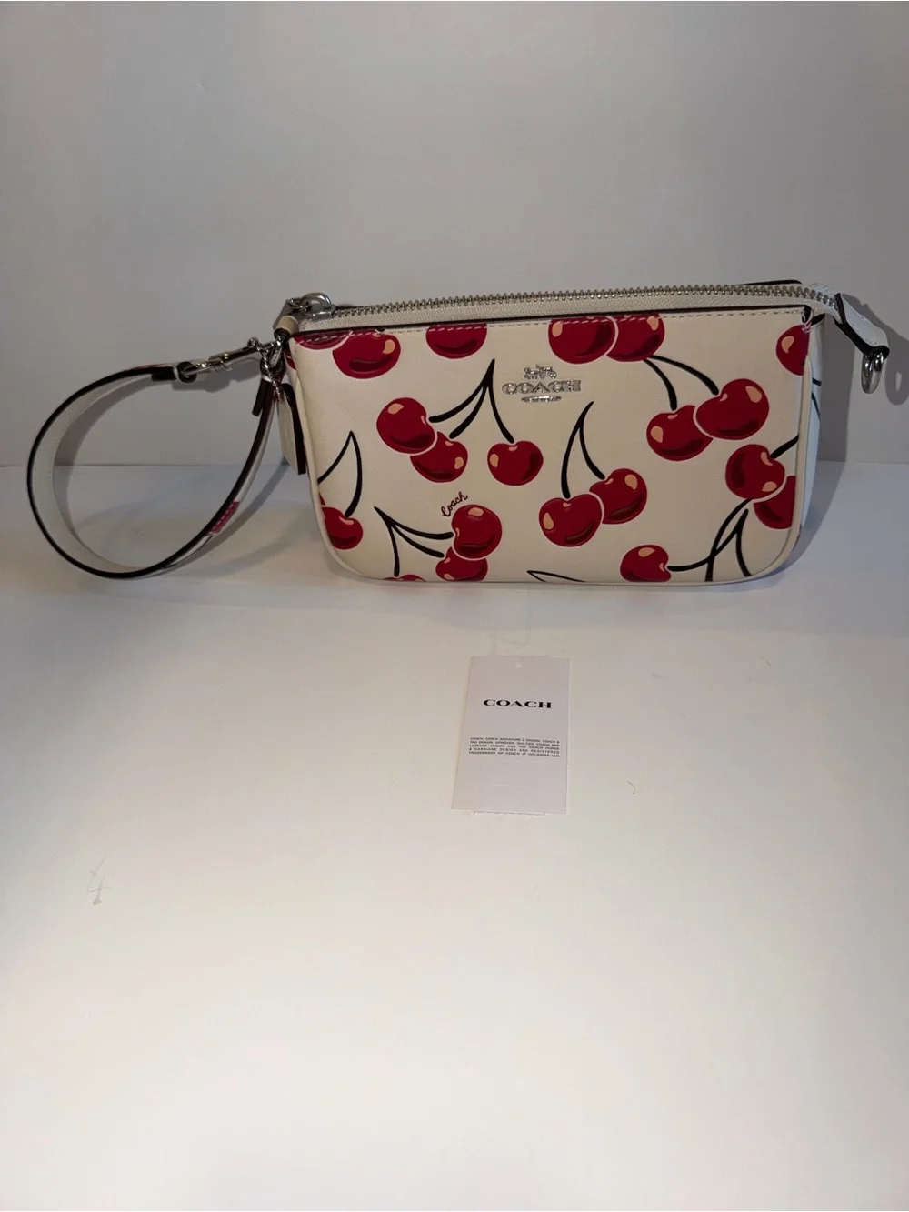 COACH New Cream Leather Small Wristlet with Red Cherry Print